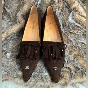 Chanel Vintage Suede Fringe Pointed Heels with CC Accents